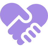 Purple handshake forming a heart shape icon.