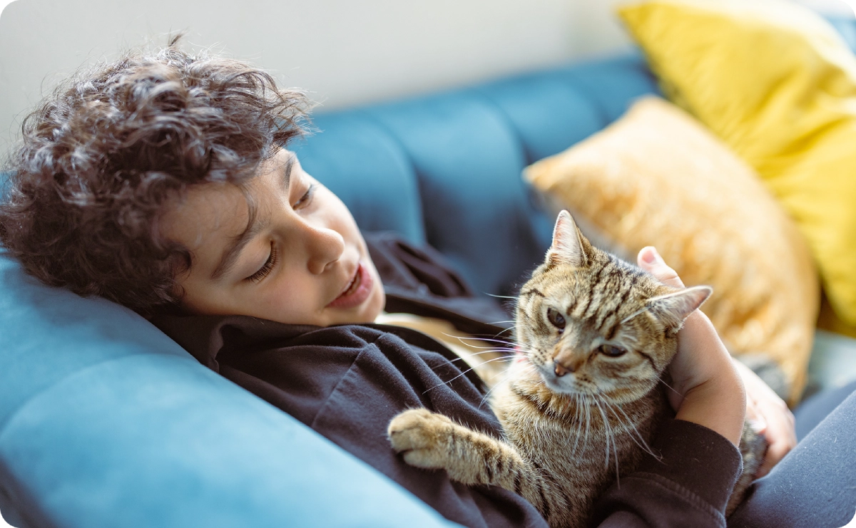 Child cuddling a tabby cat on sofa.