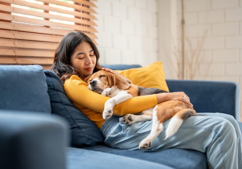Woman cuddling with a dog on couch.